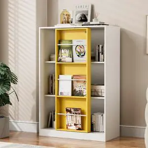 PulSpeed Modern Bookcase with Sliding Storage Shelf,47" H Solid Wood Bookshelf with with 3 Compartments and Door,Display Organizer for Bedroom Living Room Office