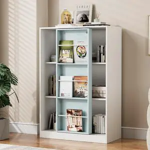 PulSpeed Modern Bookcase with Sliding Storage Shelf,47" H Solid Wood Bookshelf with with 3 Compartments and Door,Display Organizer for Bedroom Living Room Office light blue