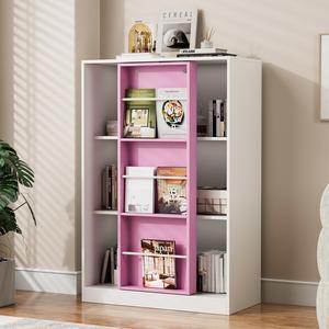 PulSpeed Modern Bookcase with Sliding Storage Shelf,47" H Solid Wood Bookshelf with with 3 Compartments and Door,Display Organizer for Bedroom Living Room Office Pink