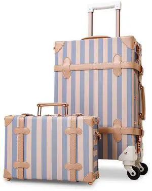 2 Piece Vintage Luggage Set (Pink, 20"+12") PU Leather Luggage with Spinner Wheels, Lightweight Suitcase for Travel Creamy Blue