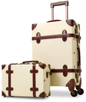 2 Piece Vintage Luggage Set (Pink, 20"+12") PU Leather Luggage with Spinner Wheels, Lightweight Suitcase for Travel Milk White