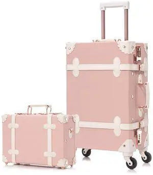 2 Piece Vintage Luggage Set (Pink, 20"+12") PU Leather Luggage with Spinner Wheels, Lightweight Suitcase for Travel