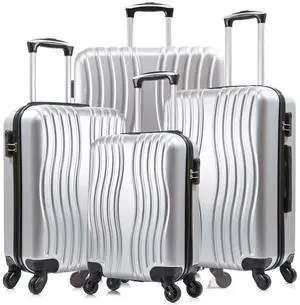 4 Piece Hardshell Luggage Set (18", 20", 24", 28") w/ Corner Guards  Lightweight Nestable Family Suitcases, 360° Wheels & Wet-Dry Compartment Silver