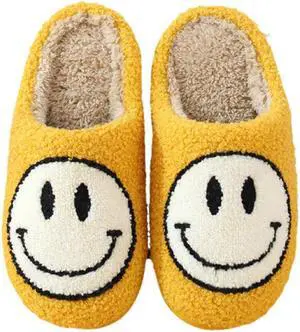 Smiley Face Slippers for Women - Yellow - Soft Plush Fluffy Upper provides you a Super Cozy and Comfortable Slipper with Rubber Sole so they dont get Wet