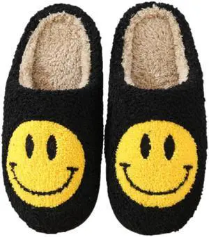 Smiley Face Slippers for Women - Black - Soft Plush Fluffy Upper provides you a Super Cozy and Comfortable Slipper with Rubber Sole so they dont get Wet