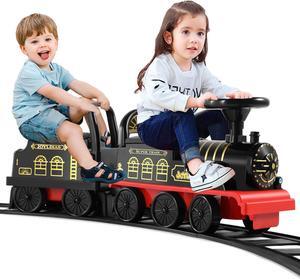 JOYLDIAS 6V Electric Ride on Train for Kids with Curved Tracks, Songs, Stories, Lights, Horns, Storage and Foot Pedals, Black