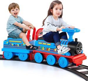 JOYLDIAS 6V Electric Ride on Train for Kids with Curved Tracks, Songs, Stories, Lights, Horns, Storage and Foot Pedals, Blue