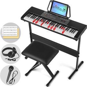 Mustar 61 Lighted Keys Keyboard Piano for Beginners, Electric Piano Keyboard with Bench, Piano Stand, Headphones, Microphone, Note Stickers, Built-in Speakers