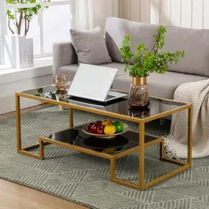 Glass Coffee Table, Brass Accent Modern Tempered Glass Side Table, Additional Storage Shelf & Metal Frame, for Living Room Home Classy Furniture Office Decor