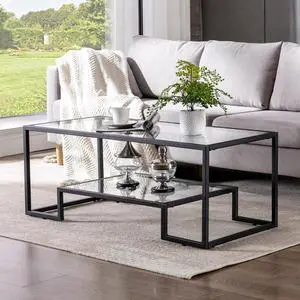 Metal Glass Coffee Table, Black Accent Modern Tempered Glass Side Table, Additional Storage Shelf, for Living Room Home Classy Furniture Office Decor