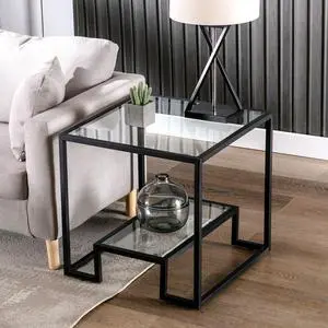Metal Glass Sofa Console Tables, Accent Tempered Glass Side Table End Table, Armchair Table with Storage Shelf, for Living Room Home Classy Furniture Office Meeting Room Waiting Room (Clear-Black)