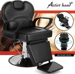 Artist Hand Barber Chair for Salon, Adjustable Height and Reclining, PVC Artificial Leather Seat, Metal Base, Black