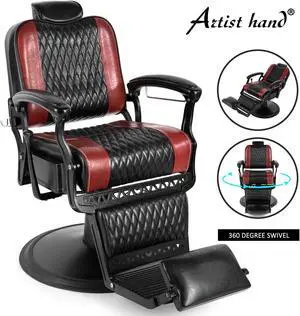Artist hand Retro Barber Chair Classic Heavy Duty Barber Chairs Vintage Salon Chair Hydraulic Recline Beauty Spa Styling Equipment Wide Seat with Puckered Button (Black + Red)