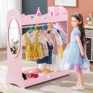 COSVALVE Kids Armoire Dress-Up Storage w/Mirror,Dress up Closet,Pink Dress up Wardrobe,Open Hanging Costume Armoire Closet w/Side Pockets, Hook,Top Shelf, Shoes Storage for Bedroom Girls Room