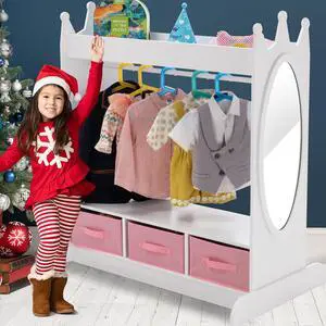 Kids Armoire Dress-Up Storage w/Mirror and Drawers,Dress up Closet,Costume Dress up Wardrobe,Pretend Storage Closet for Kids w/Side Pocket Top Shelf Shoes Storage for Bedroom Girls Room, White