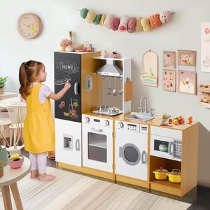 JOYLDIAS Kids Play Kitchen Set, Wooden Free Combination & Movable Pretend Toddler Kitchen Toy with Real Sound and Light, Ice Maker, Oven,Washer,Blackboard and Cookware Accessories for Age 3+ Toddlers