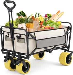 COSVALVE Wagons Cart Foldable, Heavy Duty Utility Collapsible Folding Wagon Grocery Cart w/All Terrain Wheels, Side Pocket, Cup Holders and Brakes for Shopping, Sports, Camping, Beach and Garden