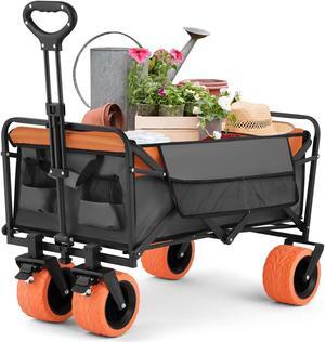 COSVALVE Wagons Cart Foldable, Heavy Duty Utility Collapsible Folding Wagon Grocery Cart w/All Terrain Wheels, Side Pocket, Cup Holders and Brakes for Shopping, Sports, Camping, Beach and Garden