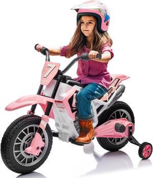 JOYLDIAS Kids Motorcycle Dirt Bike, 12V7AH Battery-Powered Ride On Motorcycle for Kids, Off-Road Street Bike w/Music, Training Wheels, Spring Suspension, High/Low Speeds, Pink