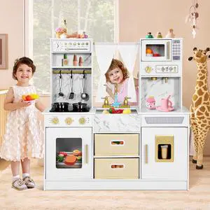 JOYLDIAS Play Kitchen, Wooden Kids Play Kitchen Playset Chef Pretend Play Set for Toddlers w/Ice Cube Dispenser, Oven, Cooking Accessories,Trendy Home Style w/Curtains, Storange Box, Gift for Ages 3+