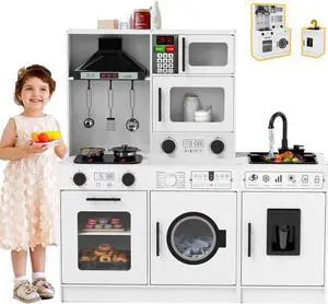 JOYLDIAS Kids Play Kitchen Set, Wooden Free Combination & Movable Pretend Toddler Kitchen Toy w/Real Sound and Light, Running Water, Oven, Washing Machine and Cookware Accessories for Age 3+ Toddlers