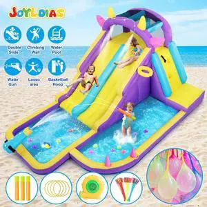 Inflatable Water Slide,Water Park Bounce House,Slide Bouncer Castle Playhouse w/Splash Pool, Climbing Wall, Ring Toss Game for Kids Outdoor Fun, 550W Air Blower