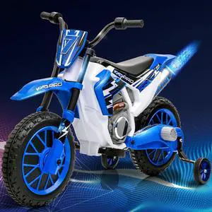 JOYLDIAS Kids Motorcycle Dirt Bike, 12V7AH Battery-Powered Ride On Motorcycle for Kids, Off-Road Street Bike w/Training Wheels, Spring Suspension, High/Low Speeds, Blue