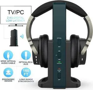 Wireless Headphones for TV Watching with 2.4G Digital RF Transmitter Charging Dock, Hi-Fi Over-Ear Cordless Headset with Optical/RCA/3.5MM Ports, for Watching Home Television Game Computer