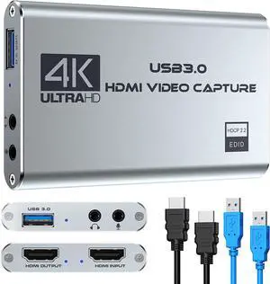 4K Audio Video Capture Card, USB 3.0 HDMI Video Capture Device, Full HD 1080P for Game Recording, Live Streaming Broadcasting Silver