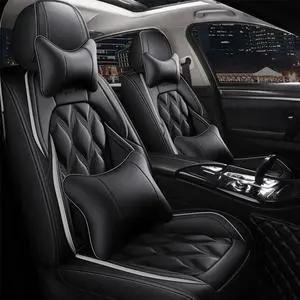 Paiying Full Set Black PU Leather Car Seat Covers Protector  Neck Lumbar Pillow