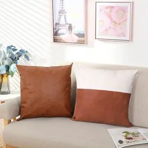 Vegan Leather Throw Pillow Covers - 2pack- 1x Brown, 1x Brown with White
