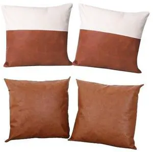 Vegan Leather Throw Pillow Covers - 4pack- 2x Brown, 2x Brown with White