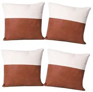 Vegan Leather Throw Pillow Covers - 4pack- 4x Brown with White