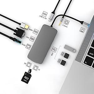 USB C Multiport Hub Adapter,10 IN 1 USB-C Docking Station Dual Monitor with 4K HDMI,VGA,Ethernet,100W,3 USB Ports, Audio and SD/TF Card Reader