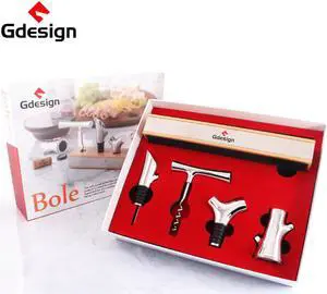 iF DESIGN AWARD - Gdesign Bole Set of 4. Wine Accessories Set, incl. Corkscrew, Wine Pourer, Wine Bottle Stopper, Wine Foil Cutter. High Valued Gift Box