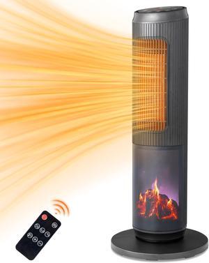 ZOKOP 25" Tower Space Heater with 3D Flame, 1500W Portable Electric Heater with Thermostat, 60° Oscillation, Timer, Remote Control, for Indoor Bedroom Office Home, Black