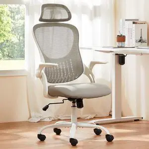 Sweetcrispy High-Back Mesh Home Office Chair with Adjustable Headrest and Lumbar Support, Flip-up Armrest Ergonomic Rolling Work Chair for Study, and Bedroom, Grey