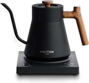 Black Electric Gooseneck Kettle, 1200W Electric Tea Kettle Real Wood Handle, 34oz Pour Over Electric Kettle for Coffee & Tea
