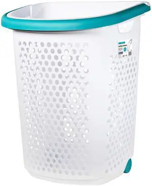 Home Logic 2 Bushel Rolling Plastic Laundry Hamper with Pop-up Handle, White, Adult / Tween