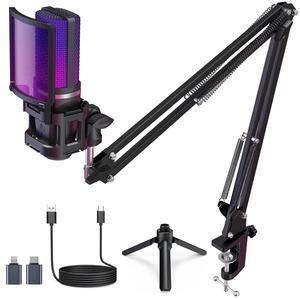 ZealSound Gaming USB Microphone,Noise Cancellation Condenser mic,3.5mm Headphone,RGB Microphone with Mute,Gain,Monitoring,Boom Arm,Pop Filter for Phone,PC,Computer,Mac,Streaming,Podcast