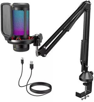 Gaming USB Microphone Set for PC, TONOR RGB Condenser Mic with Boom Arm, RGB