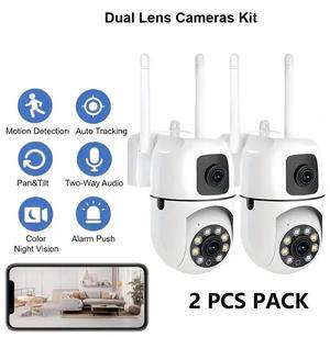 2-PACK Dual Lens FHD 1080P Security Camera With Smart Motion Detection, 2.4GHz, 90° Tilt Rotation, 355°Panoramic Rotation, PTZ Control, HD Night Vision, Alarm Alerts, Two-Way Talk, Auto-Tracking, Wi-F