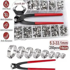 250PCS Single Ear Stepless Hose Clamps 304 Stainless Steel Ear Hose Clamps Plier