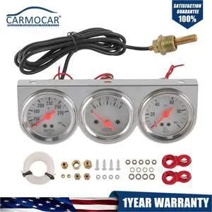 2'' 52mm Mechanical Chrome Triple Gauge Set Water Temp Oil Pressure Volt Meter