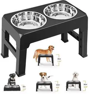 Elevated Raised Pet Dog Feeder Bowl Stainless Steel Food Water Stand+ 2pcs Bowls