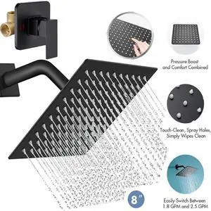 Black Shower Faucet Set 8"Rainfall Shower Head Combo System with Mixer Valve Kit