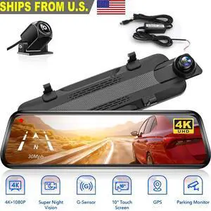 4K 10" IPS Dual Dash Cam Car Rear Mirror View Backup Dual Camera Night Vision