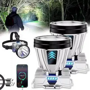 2PCS 90000LM Rechargeable High Power Headlamp Outdoor LED Spotlight Waterproof