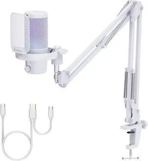 FEELWORLD VM1 White Gaming PC USB Microphone Condenser Mic with Noise Cancellation Mute RGB Light, Computer Accessories for Gamer YouTube Twitch Podcast Streaming Recording Online Chat PS4 PS5