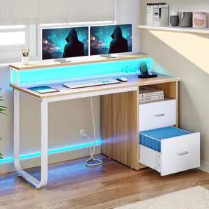 47 inch Computer Desk w/Power Outlets &LED Lights Home Office Desk Writing Table